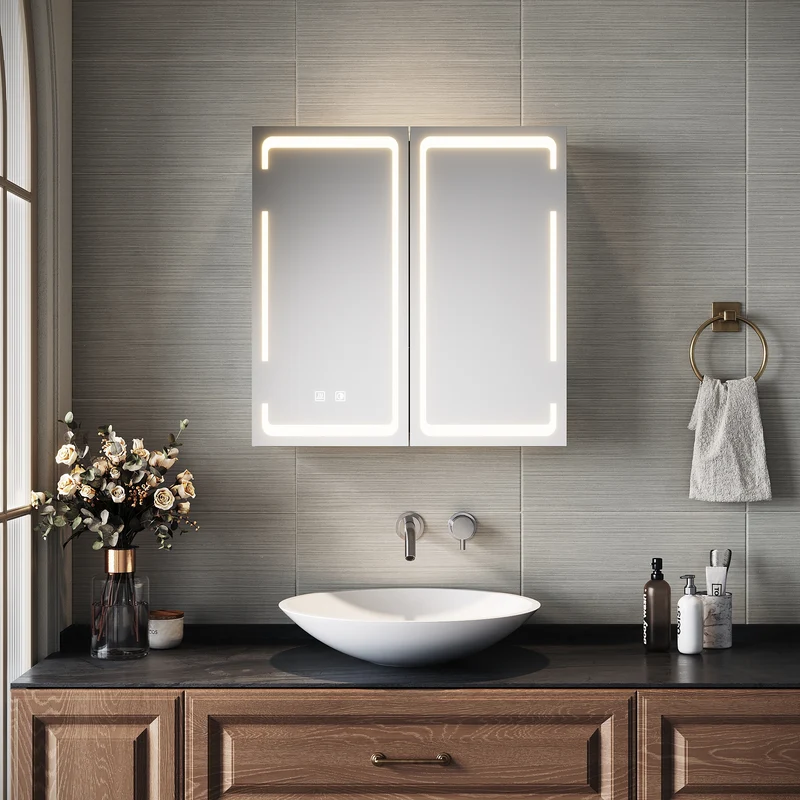 SIRHONA Armoire Miroir Salle de Bain avec Miroir, Armoire Miroir avec 3 Couleurs de Lumière Réglables et Anti-Buée 59 x 60 x 14cm