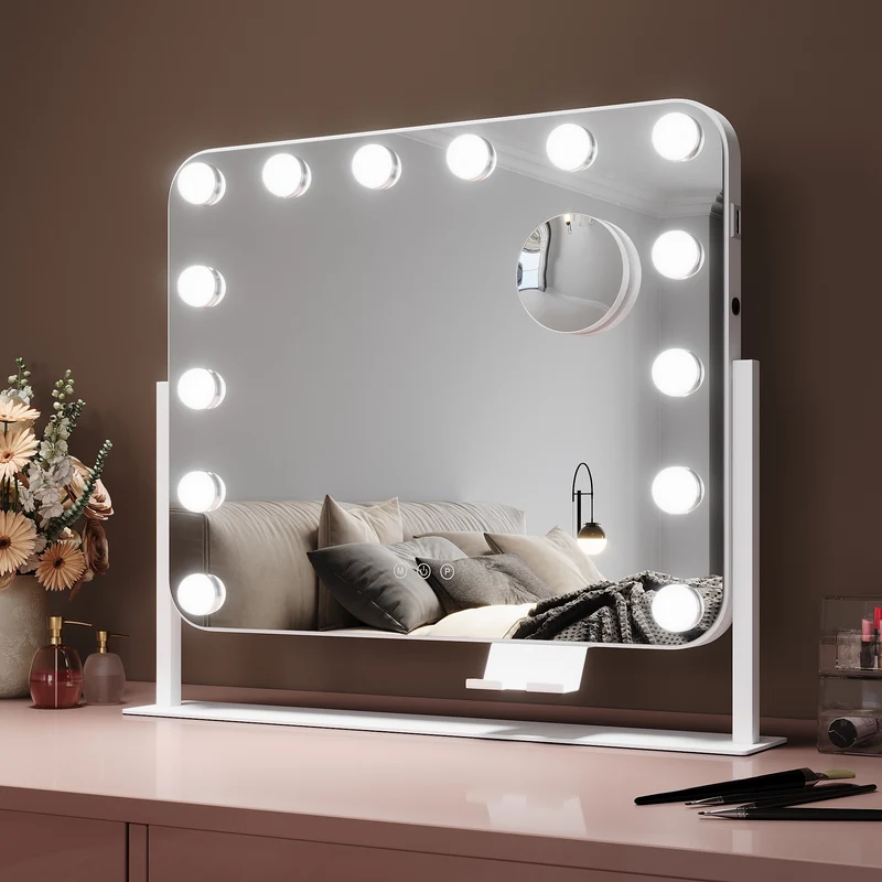 SIRHONA Miroir rotatif à 360° 50x40cm avec 14 ampoules LED Miroir Hollywood 3 couleurs luminosité réglable