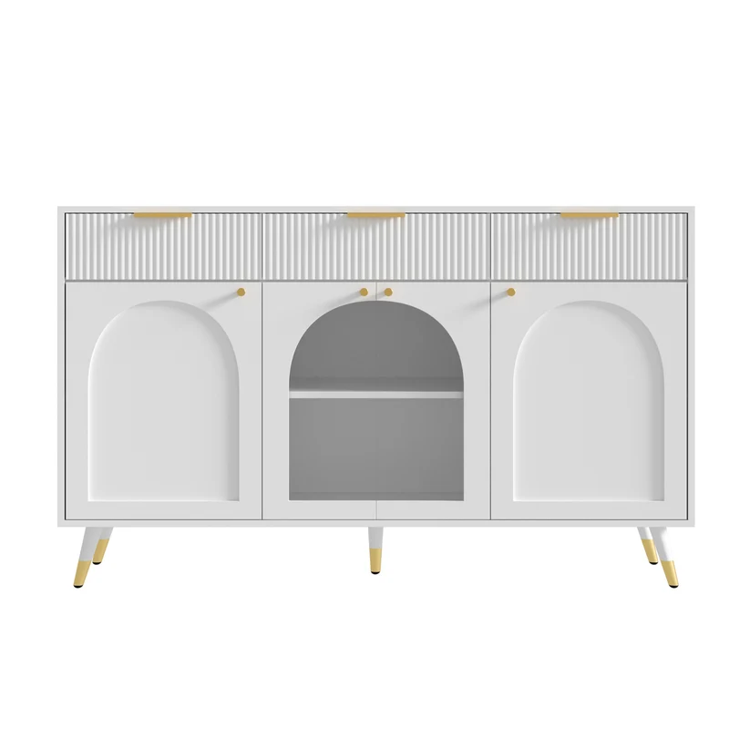 Buffet blanc motif texturé et vitrine avec 4 portes et 3 tiroirs, style moderne 140cm RUSTICLAMP