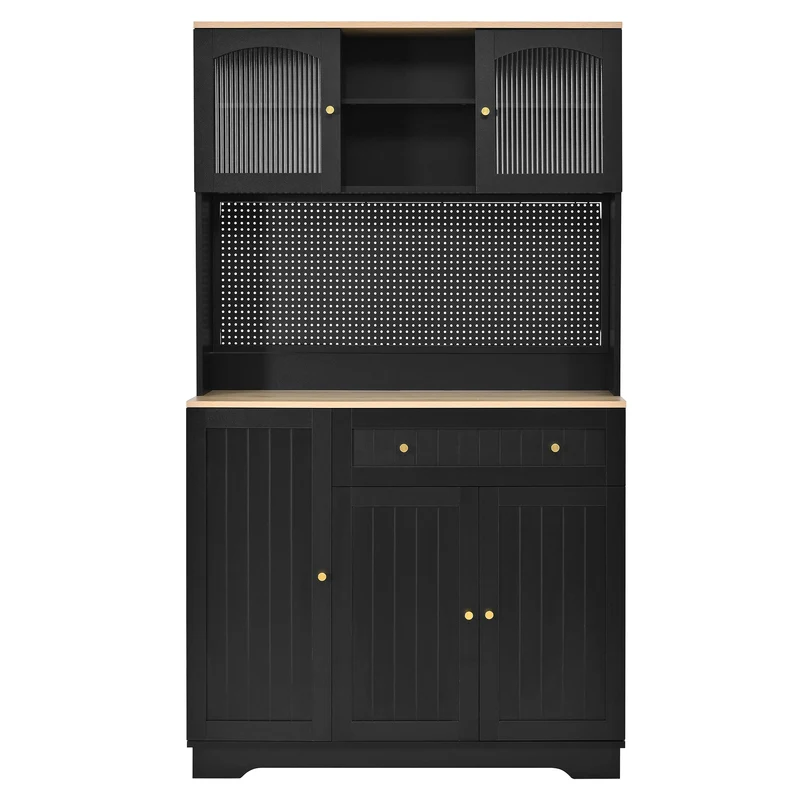 Vaisselier de cuisine noir avec vitrine en verre cannelé et rangements 103×40×180cm RUSTICTRUNKHOME