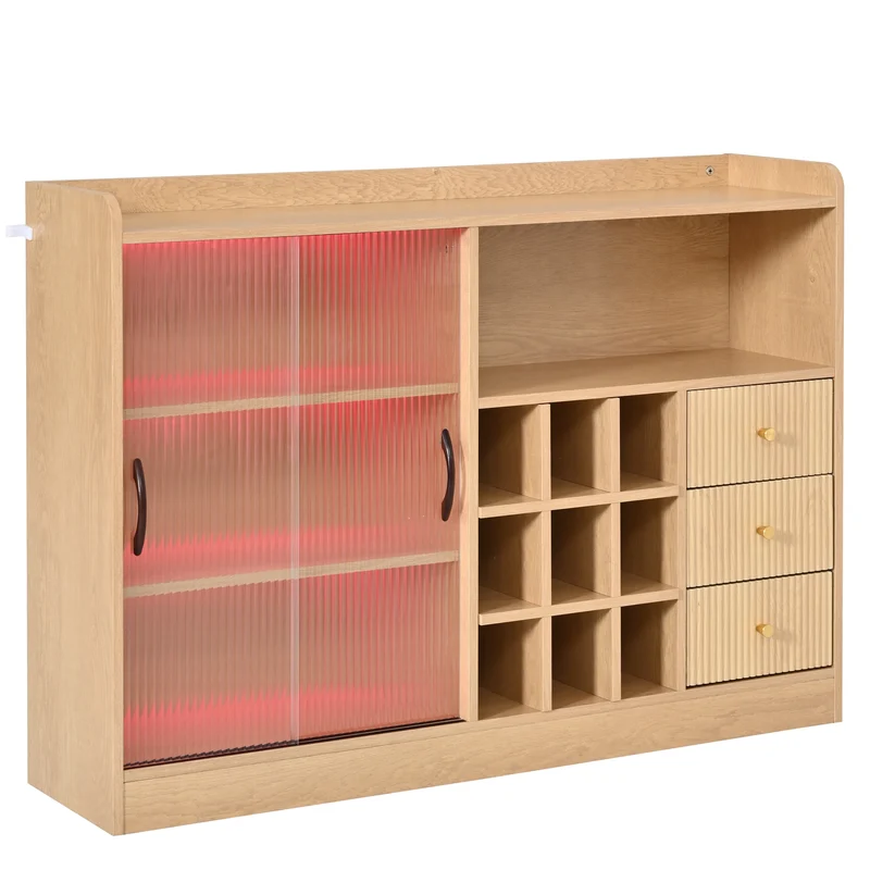 Buffet effet bois avec LED, portes vitrées et range-bouteilles 120×85×30cm RUSTICSCREENART