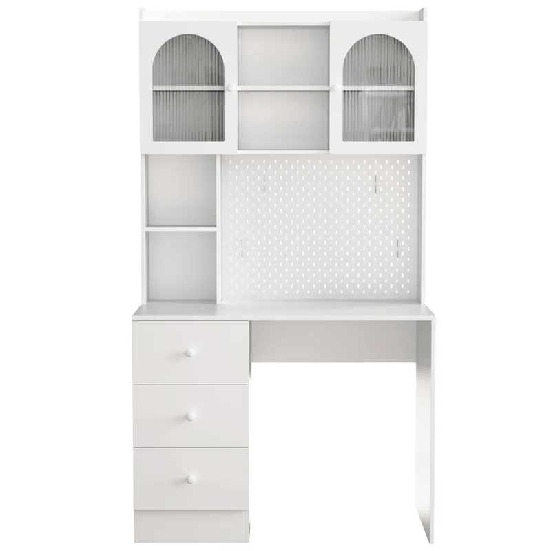 Coiffeuse blanche avec rangement, verre cannelé et pegboard 100x55x180cm RUSTICTABLESET