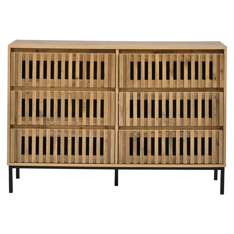 Buffet effet bois 6 tiroirs, style cannage 120x40x81cm RUSTICPANELHOME