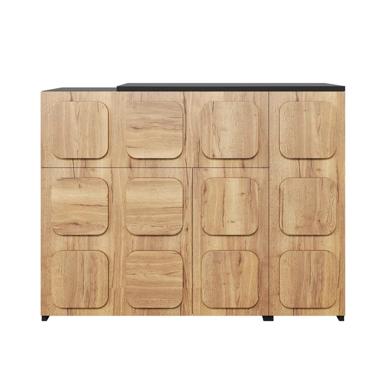 Buffet extensible rotatif effet bois naturel motif carré en relief 3 portes et tiroir 107–158cm RUSTICFRAME