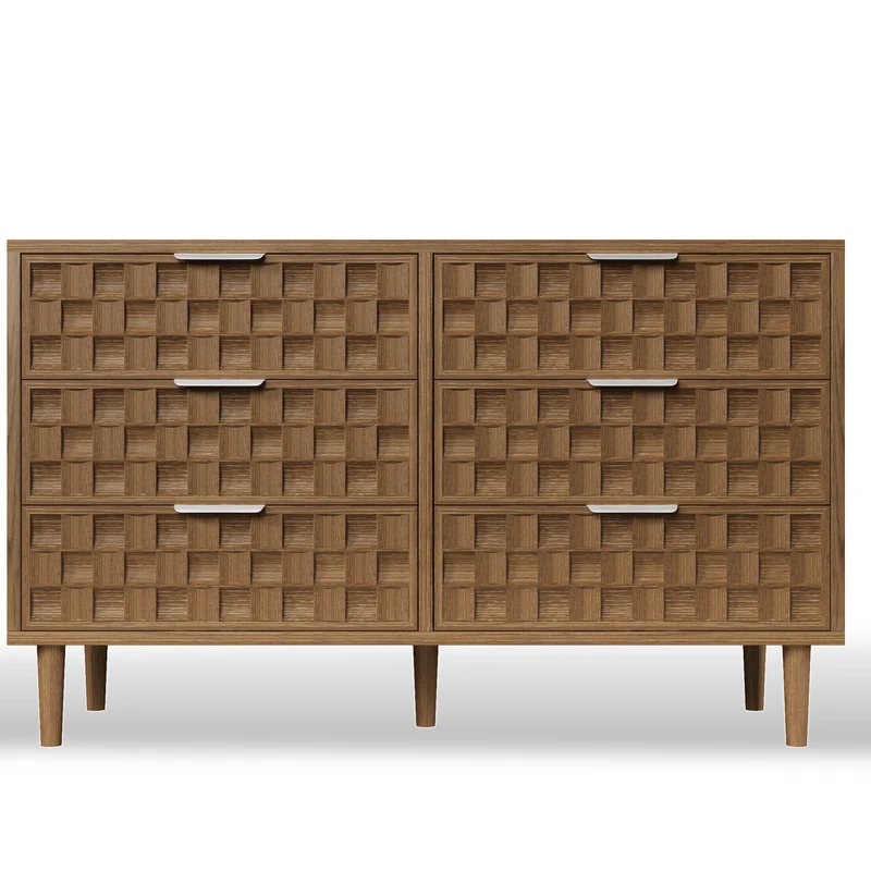 Buffet effet chêne motif damier en relief, 6 tiroirs, style mid-century 120cm RUSTICWALLART