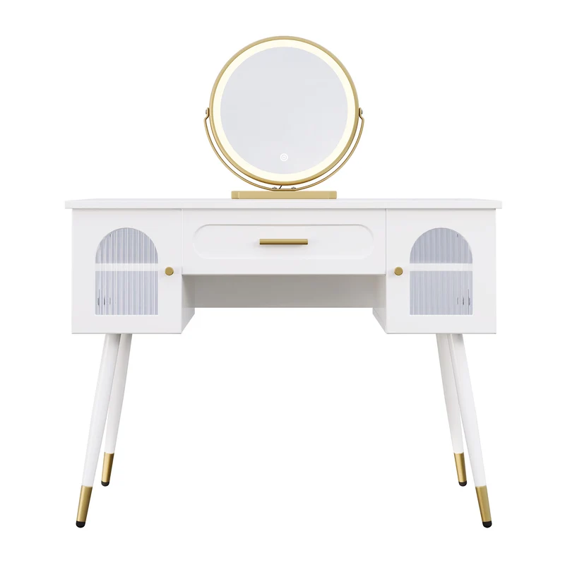 Coiffeuse blanche avec miroir LED, tiroir et rangements H112cm SCANDINAVIANBIRCHPLU
