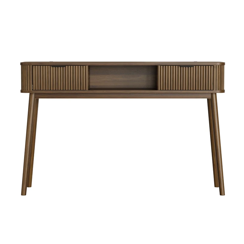 Console effet bois noyer a latte, style vintage avec tiroirs poignées métalliques noirs RUSTICSTONEONE
