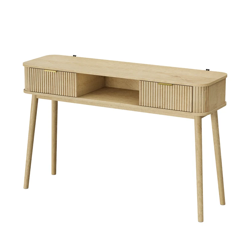 Console effet chêne et à latte avec tiroirs, poignées métalliques dorées 120x35cm RUSTICRUGSET