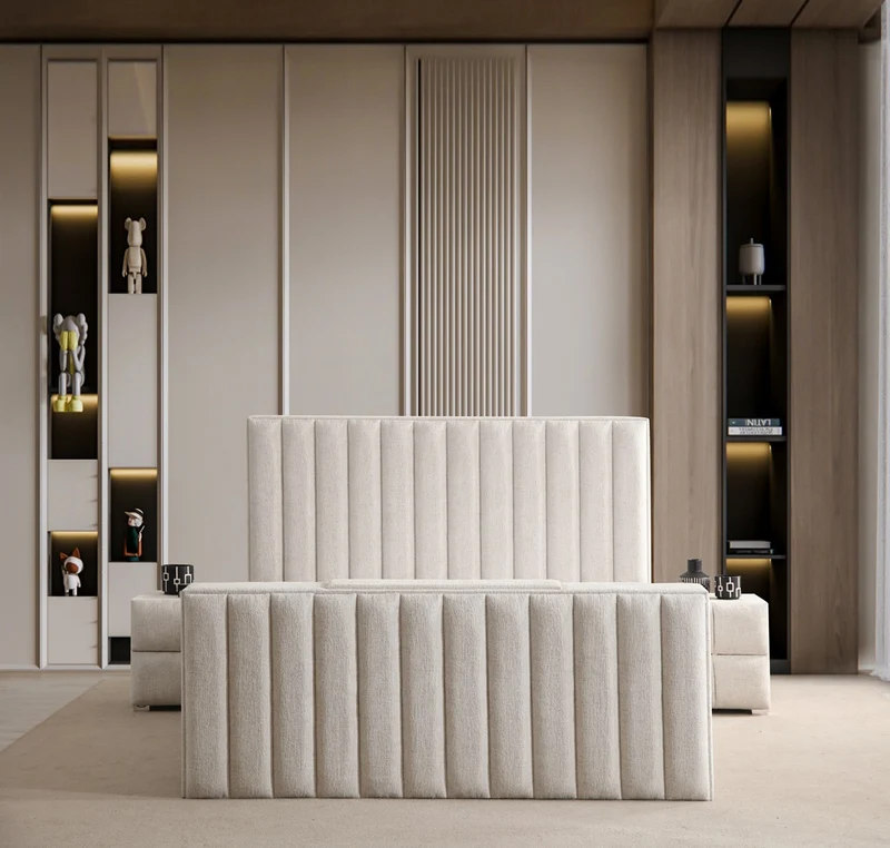 Lit Coffre TV Intégré CRAFTY BLANC CASSÉ - Chenille