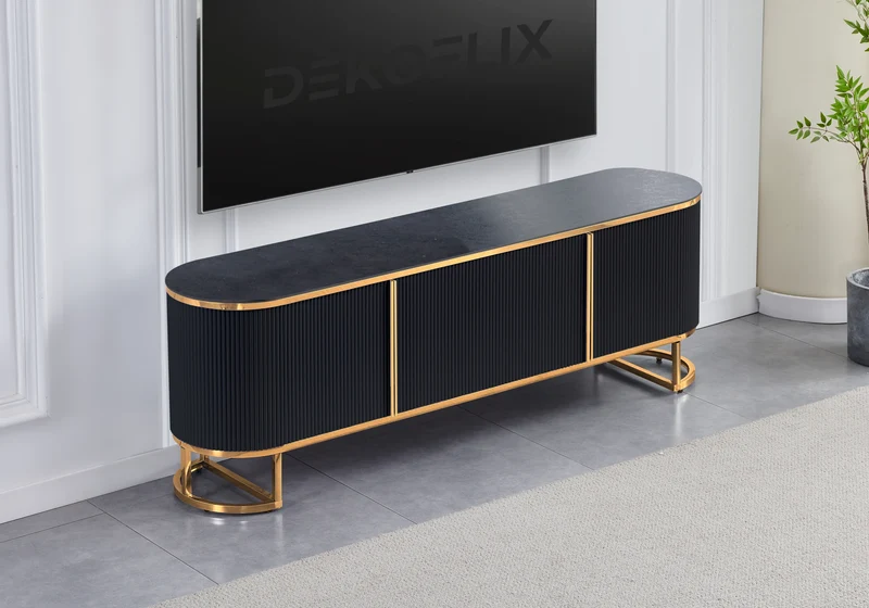 Meuble TV ovale cannelé marbre noir doré - Nalia