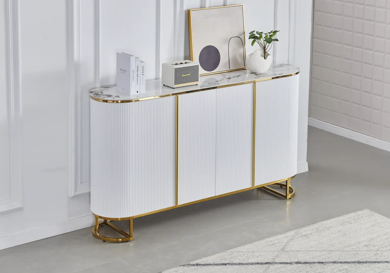 Buffet ovale cannelé marbre beige doré - Nalia