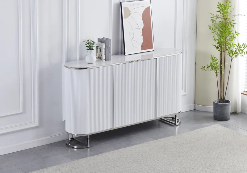 Buffet ovale cannelé marbre blanc chromé - Nalia