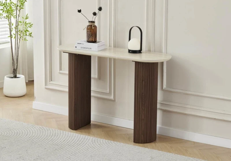 Console ovale travertin noyer cannelée - Terra