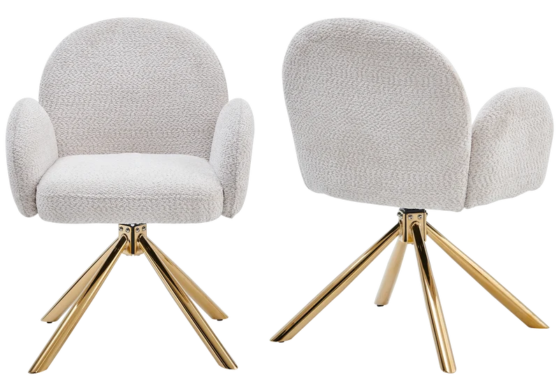 Fauteuils de table bouclette blanche pivotants dorés - Lorea x2