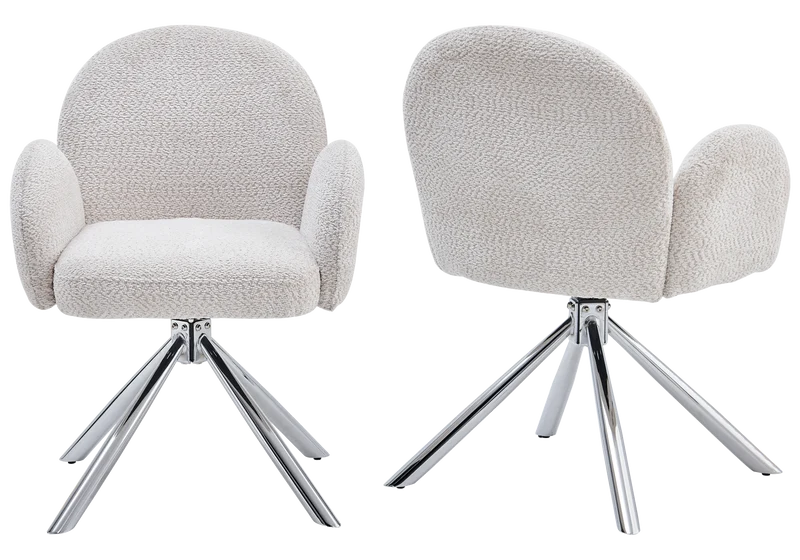 Fauteuils de table bouclette blanche pivotants argentés - Lorea x2
