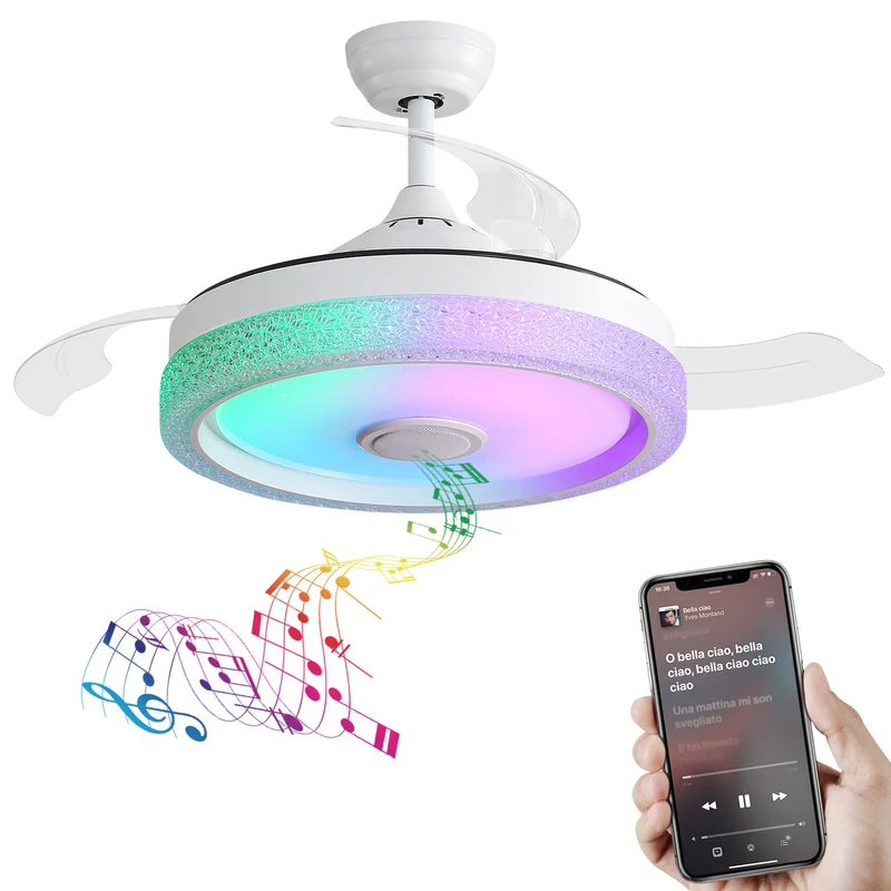 Ventilateur de plafond 106cm blanc, 3 pales ABS réversible, LED couleur 32W, haute-parler bluetooth télécommande, moteur DC LAMP WHITE