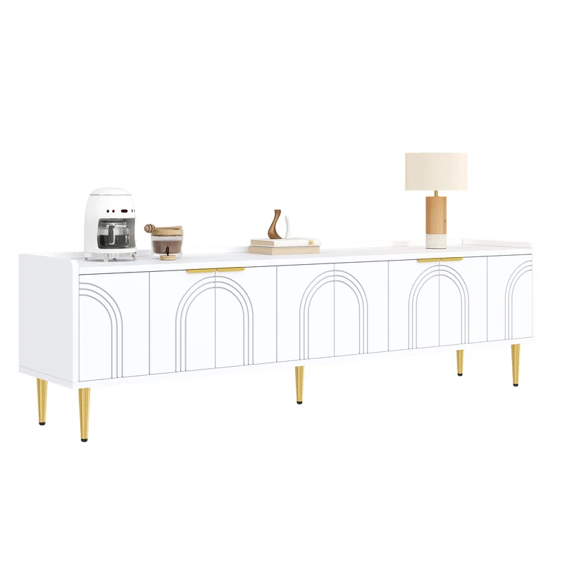 Meuble TV bas blanc 170 cm poignées et pieds dorés style moderne et élégant RANGELANDGLUME