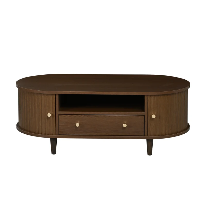Table basse ovale vintage effet noyer avec tiroir et porte coulissante 100x50x36 cm RIFTKRYNNATHYN