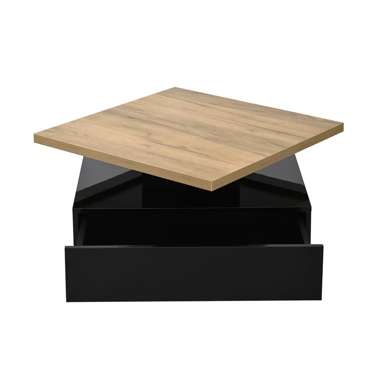 Table basse carrée effet bois et noir pivotante 360° 2 niveaux, design moderne 70x70cm AFTERFEATHER