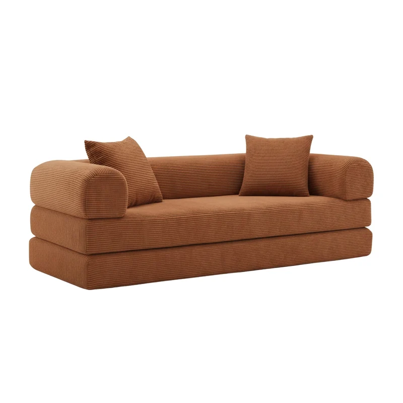 Canapé 3 places modulable sans armature, convertible en lit, velours terracotta, style tatami 195x89x59cm MERIDIANZYN