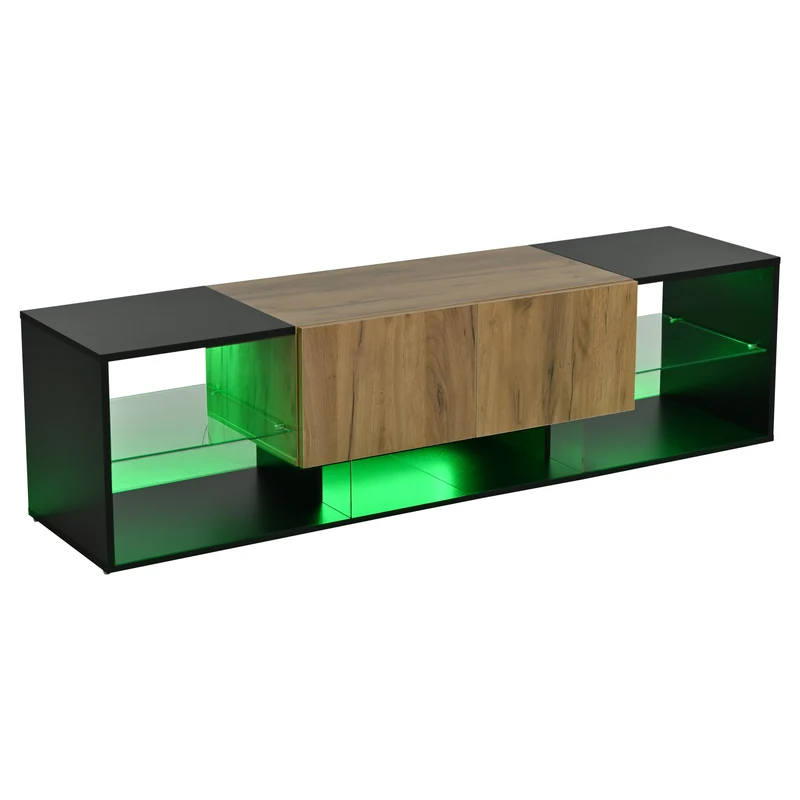 Meuble TV effet bois et noir avec éclairage LED, plateau en verre 160x40x42cm CYCLOID