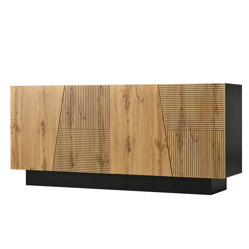 Buffet effet bois naturel aux motifs linéaires géométrique et noir 160 cm PROMINENCER