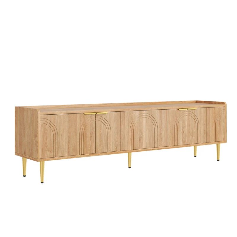 Meuble TV bas design bois naturel 170 cm, portes sculptées 3D, poignées et pieds dorés SOLIFLUCFLOW