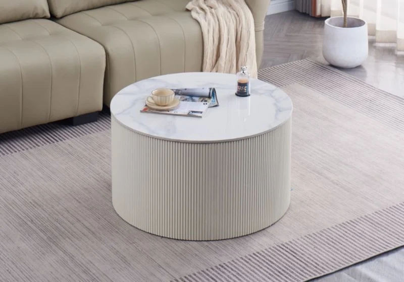 Table basse ronde marbre blanc cannelée beige - Ariel