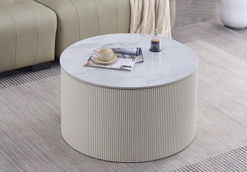 Table basse ronde marbre gris cannelée beige - Ariel