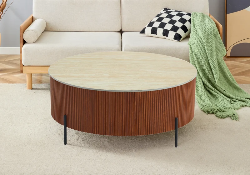 Table basse ronde travertin pied bois - Lira