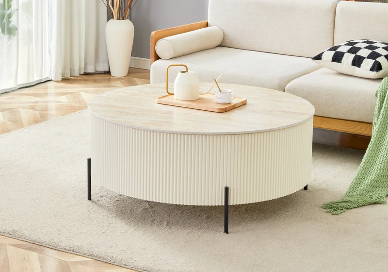 Table basse ronde travertin pied cannelé beige - Lira