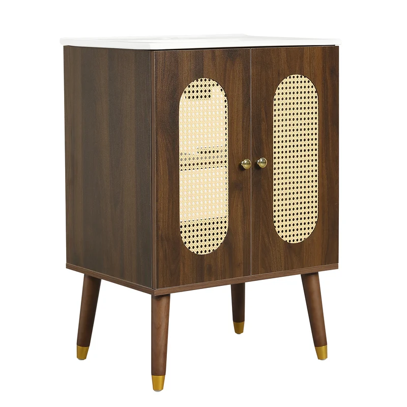 Meuble vasque céramique vintage effet noyer, 2 portes en rotin et pieds en bois massif aux touches dorées, 61 cm LUXURY METAL PLUS