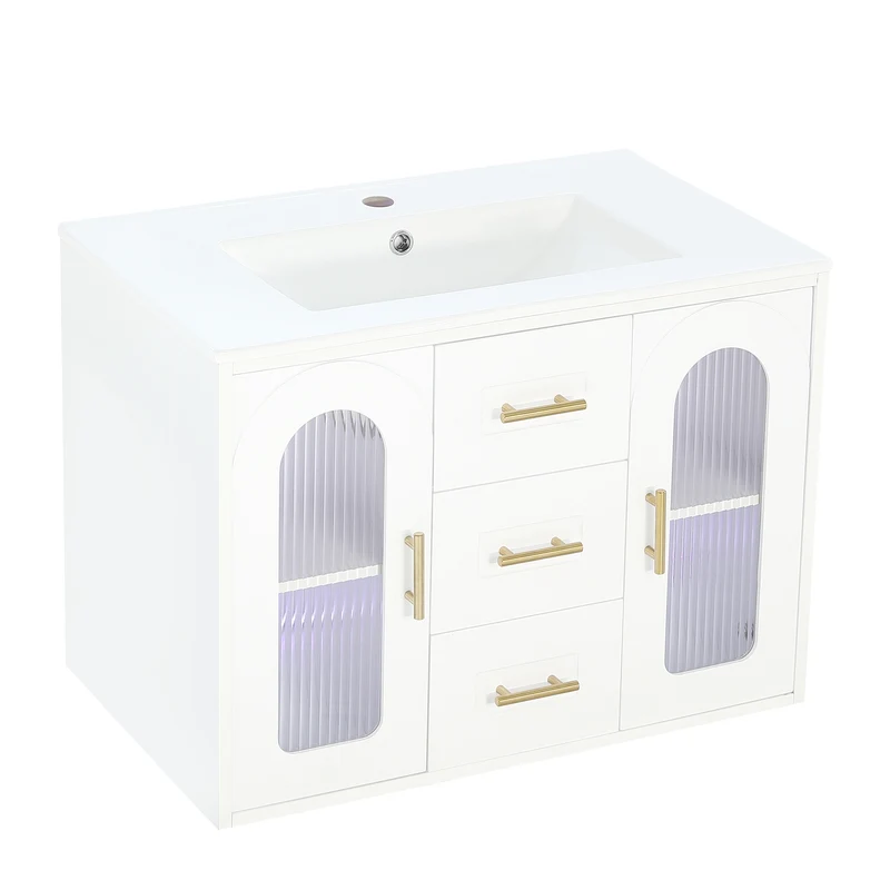 Meuble vasque mural blanc, LED, verre rainuré, moderne, sans robinet 76x46x55cm LUXURY PRIME