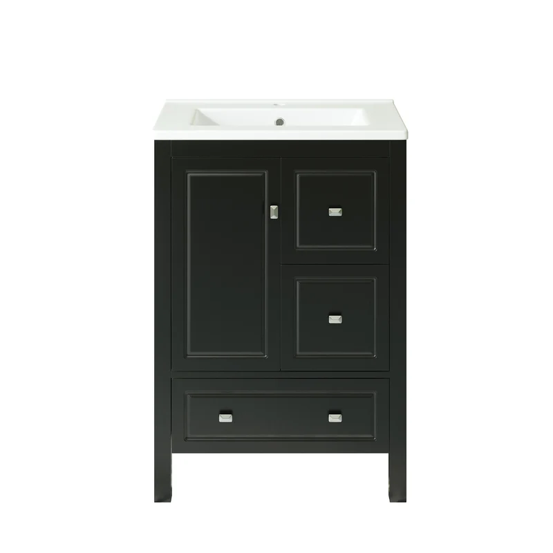 Meuble vasque céramique noir laqué, 3 tiroirs et porte latérale soft-close, poignées argentées, 62 cm LUXURY GLASS PRO