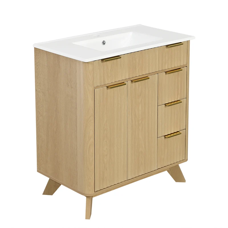 Meuble vasque céramique effet bois naturel 3 tiroirs et 2 portes ondulées soft-close, 81 cm LUXURY MIRROR HOME