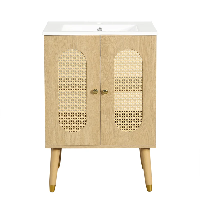 Meuble vasque céramique effet bois naturel avec portes en rotin, style bohème 61cm LUXURY METAL STYLE