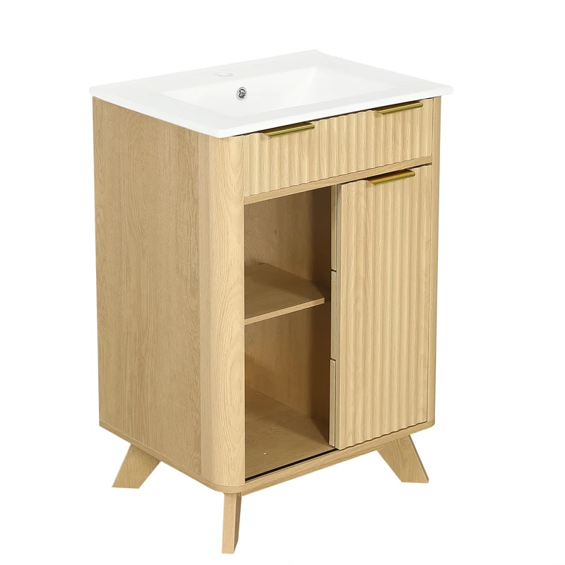 Meuble vasque céramique et effet bois naturel ondulée, 3 tiroirs et pieds en bois massif, 61 cm LUXURY NIGHTSTAND ART