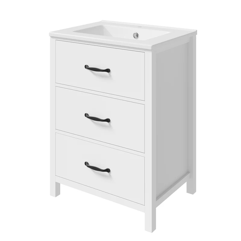 Meuble vasque céramique blanc et MDF laqué 3 tiroirs silencieux et poignées noires, 61 cm LUXURY ORGANIZER SET