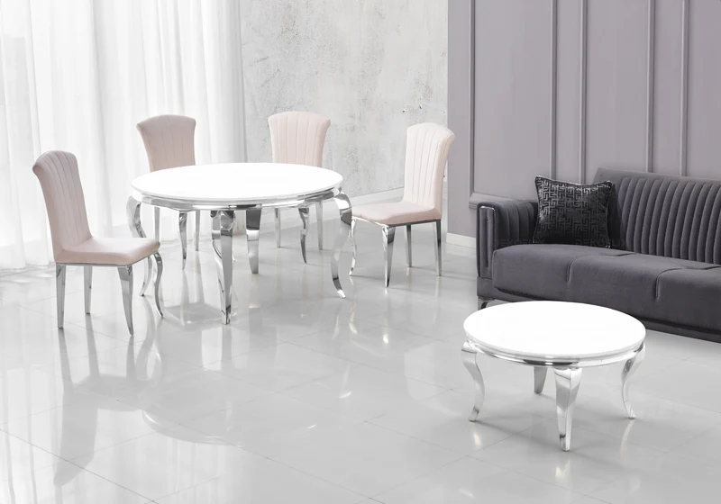 Salle à manger ronde verre blanc argent – Neo