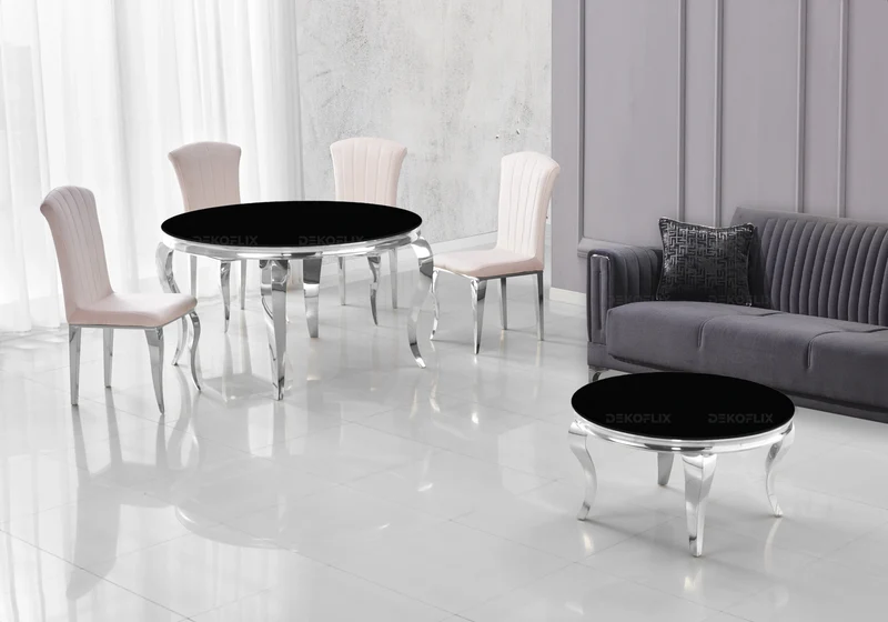 Salle à manger ronde verre noir argent – Neo
