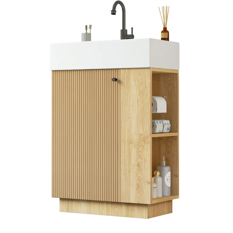Meuble vasque céramique blanc compact effet bois naturel rainures et porte-papier toilette amovible, 55 cm LUXURY ONE