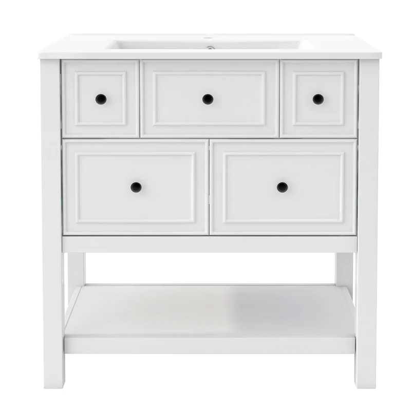 Meuble vasque céramique blanc MDF 5 tiroirs silencieux et niches de rangement ouvertes LUXURY OTTOMAN
