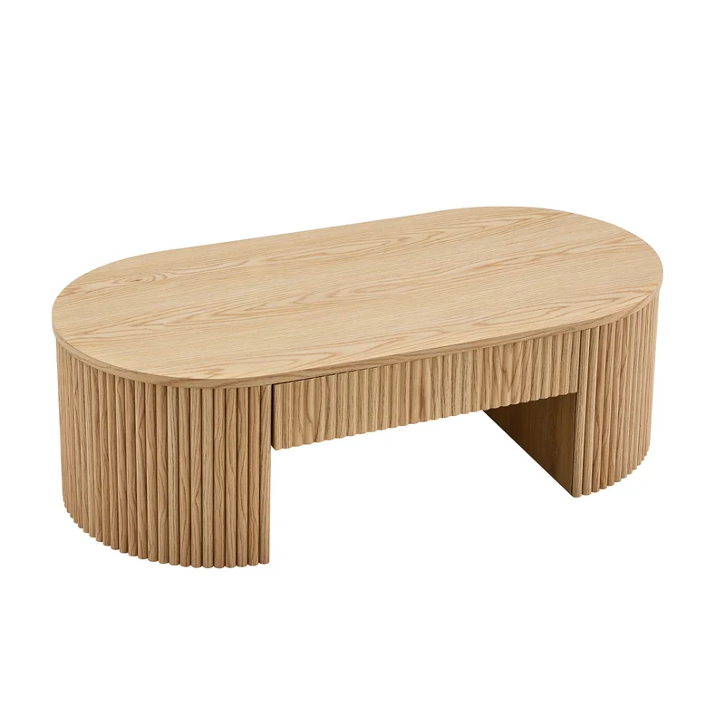 Table basse ovale en chêne clair avec grand tiroir et rainures flûtées verticales 105x 54x38cm MINIMALISTCURTAINART