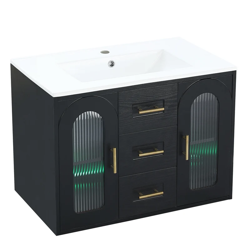 Meuble vasque céramique suspendu noir effet bois et LED connectée et porte vitrée rainurée, 76 cm LUXURY PLUS