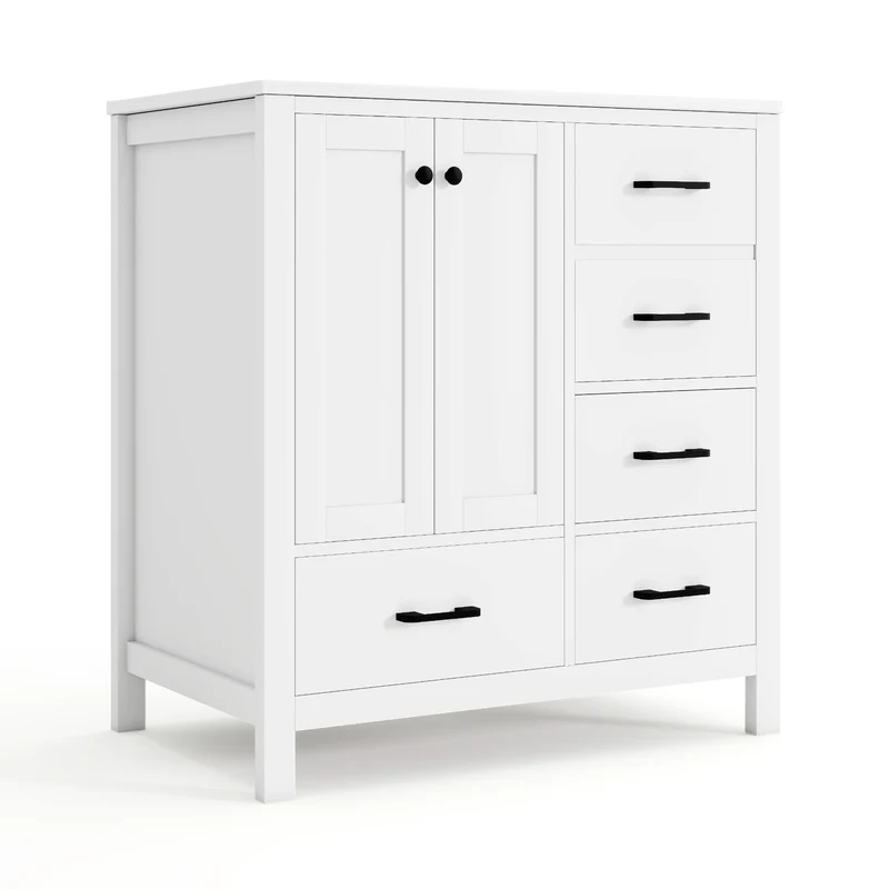 Meuble vasque céramique blanc, 4 tiroirs et placard en MDF et pieds en bois massif LUXURY ORGANIZER ART