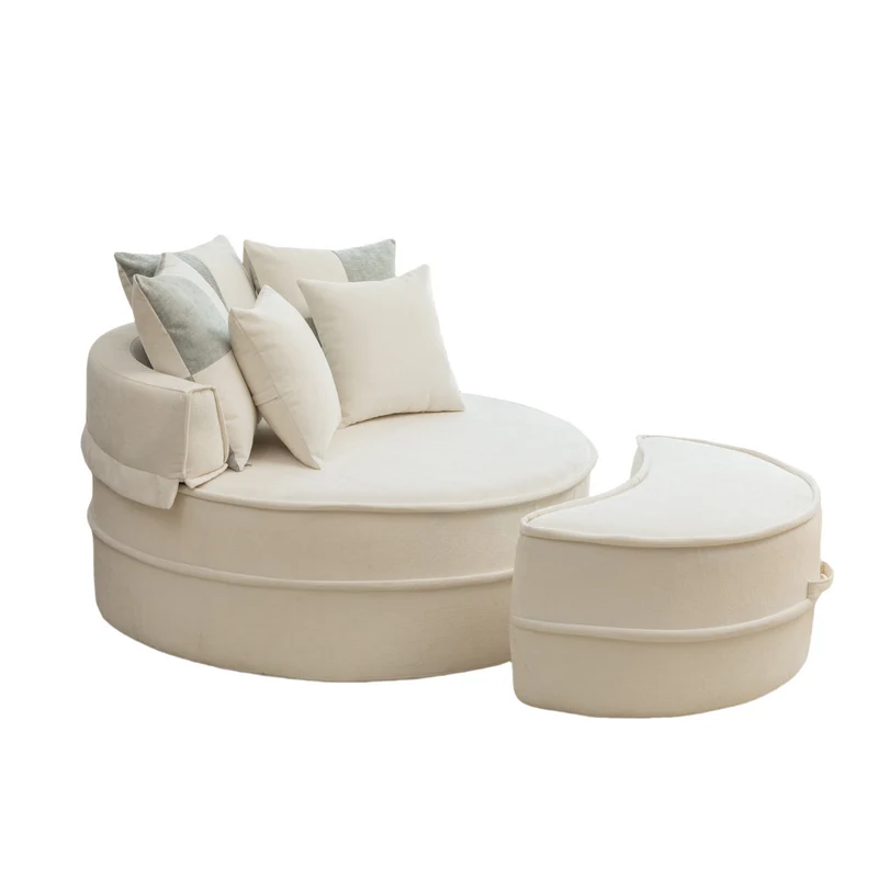 Fauteuil canapé rond chenille beige et vert pastel avec 5 coussins et pouf forme demi lune 163x121cm LAMP MARBLE