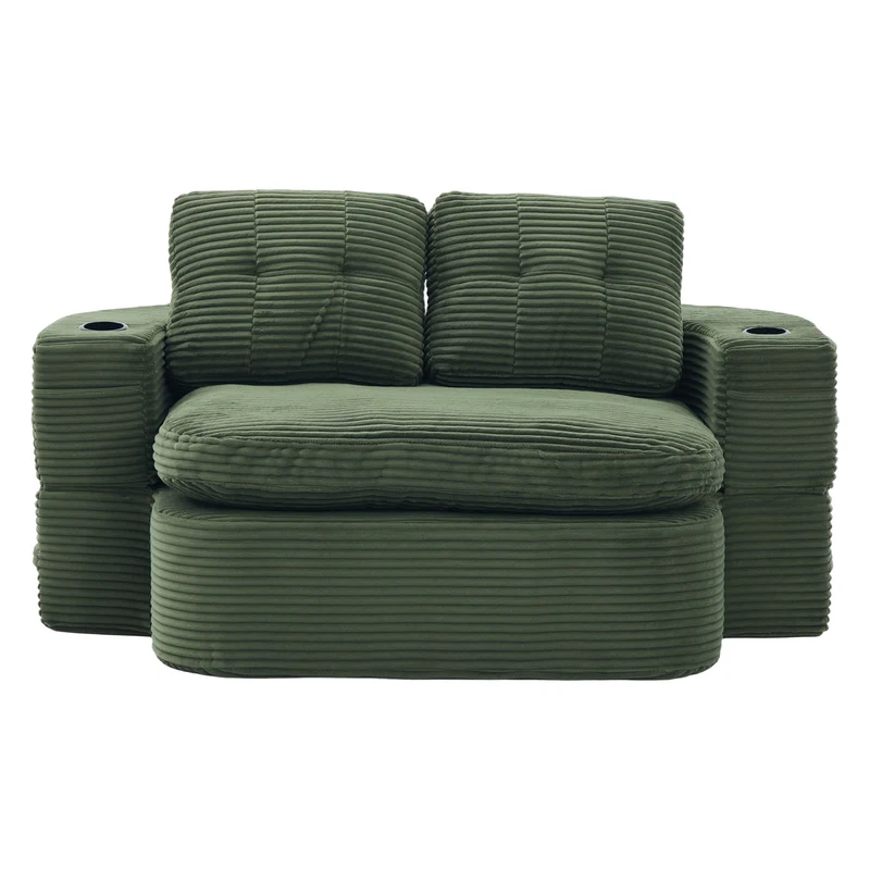 Fauteuil canapé convertible modulable en velours côtelé émeraude avec porte-gobelets intégrés MINIMALISTCUSHIONSET
