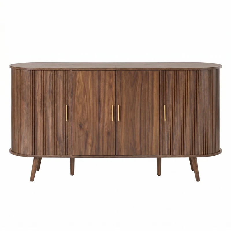 Buffet effet noyer avec portes coulissantes, design arrondi à rainures verticales accents dorés MINIMALISTCONTAINERS