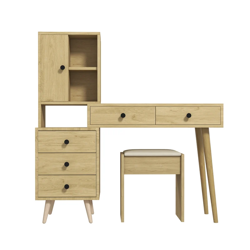 Coiffeuse compacte extensible effet bois naturel avec miroir escamotable, 5 tiroirs, tabouret beige MINIMALISTDESKSET