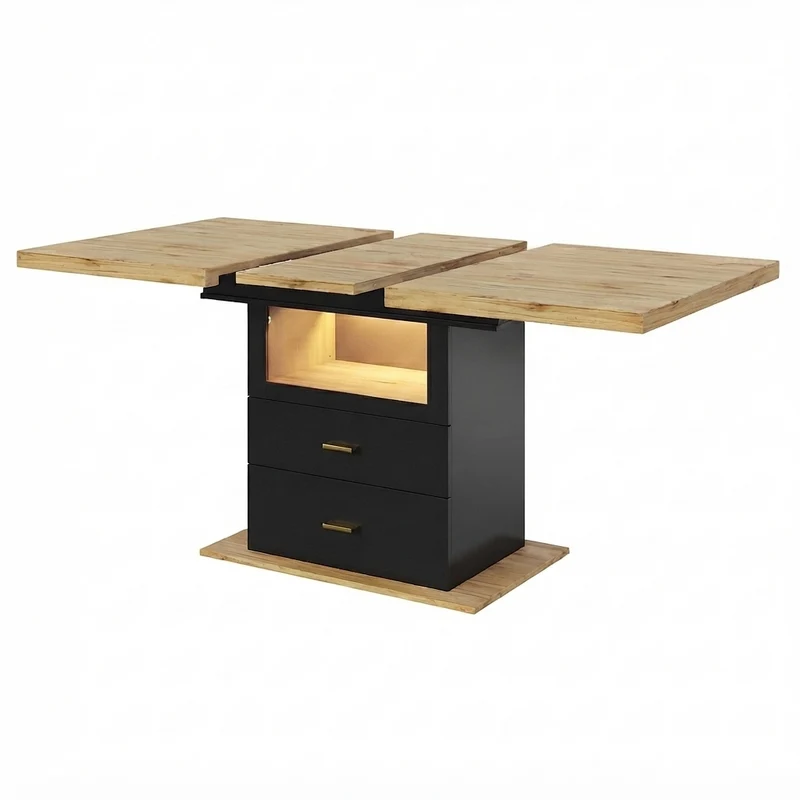Table à manger extensible effet bois avec éclairage LED, 2 tiroirs de rangement 110-140cm MINIMALISTPILLOWSET